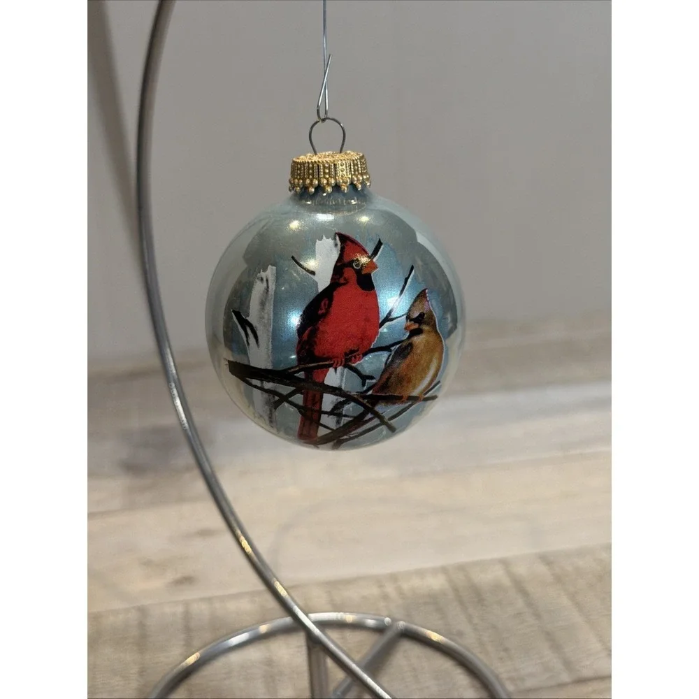Vintage Natural Holiday Set of 4 Glass Cardinal Bird Christmas Ornaments w/ Box